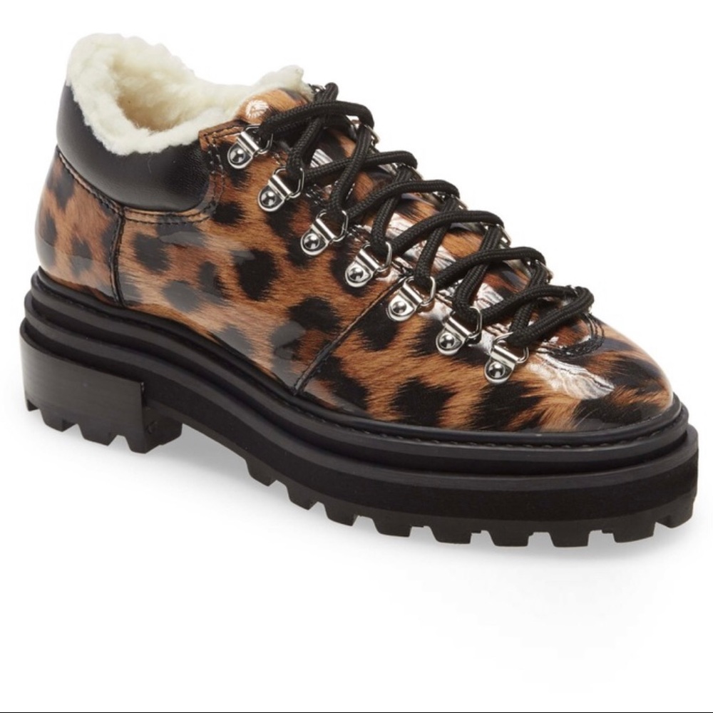 Schutz Lucille Leopard Print Faux Shearling Lined Platform Ankle Boot Size 9
